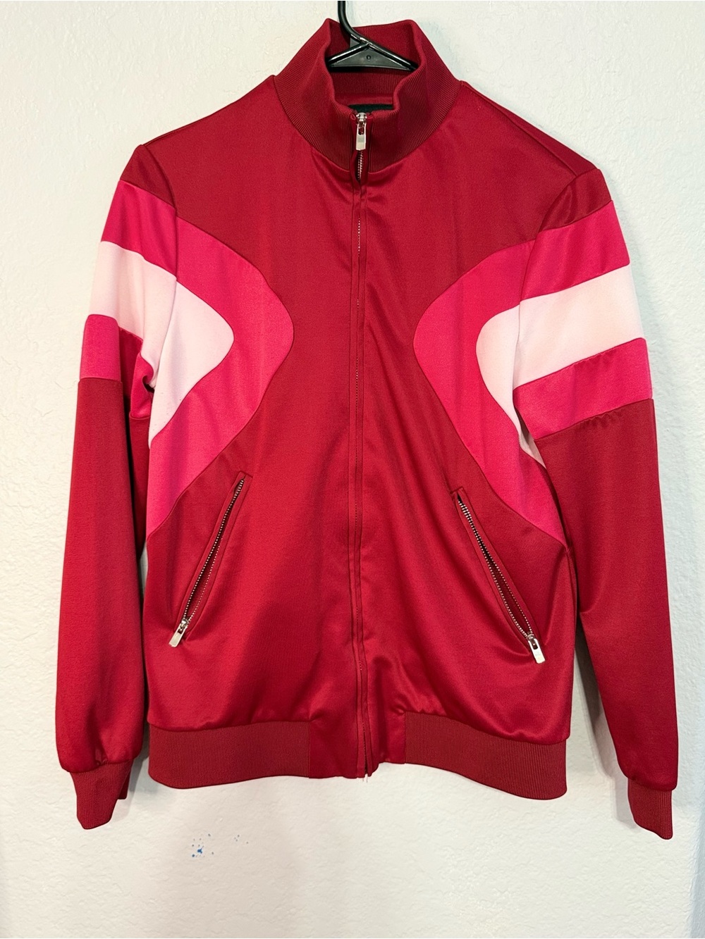 Maje Red, Hot Pink & Light Pink Colorblock Bomber Jacket